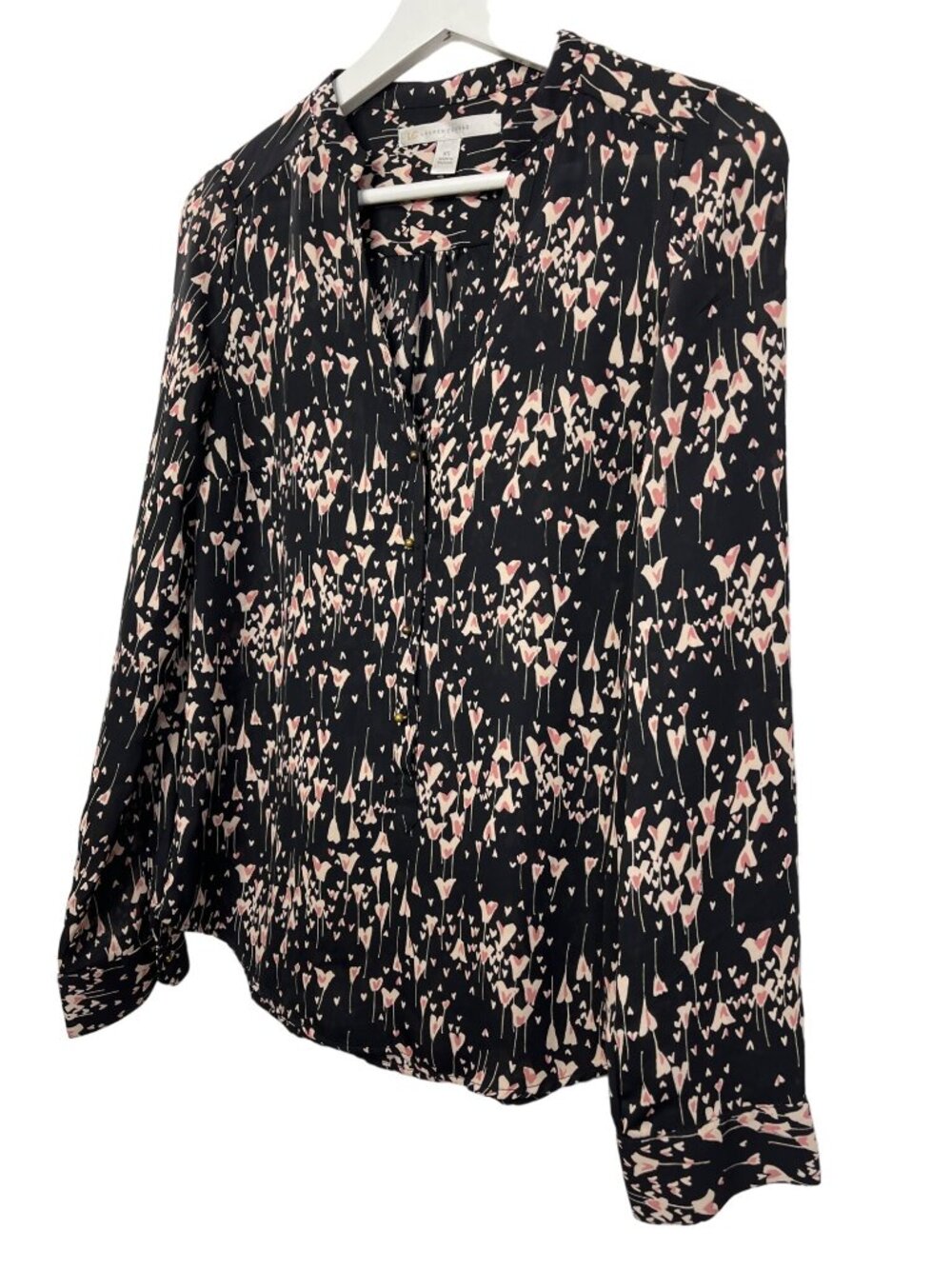 LC Lauren Conrad Womens XS Black Pink Floral Roll Tab Sleeve Blouse - Picture 11 of 12